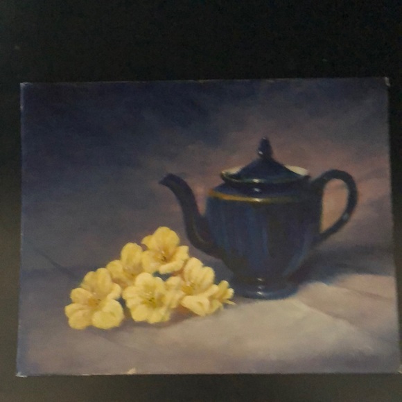 “Day Lilies and Blue Teapot” by Jack Downs oil on canvas 2016/8x10/not framed - Picture 1 of 9